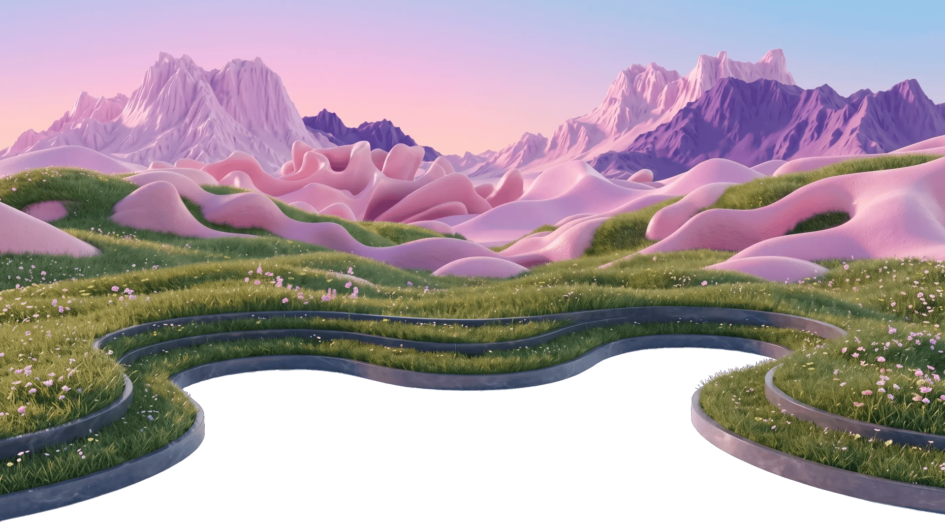 A pastel meadow of grassy flowering hills and soft pink dunes below violet mountains at dawn, with a curving stone-edged path in the foreground